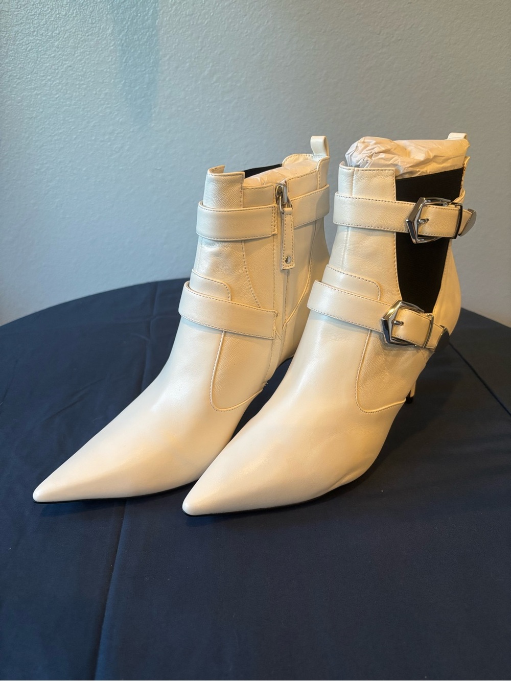 Linea Paolo Cream Pointed-Toe Ankle Boots with Buckle Straps